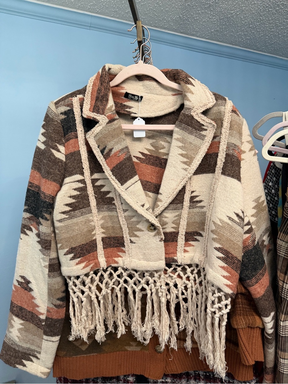 Miss Me Beige Multi Aztec Fringe Cropped Sweater Jacket western boho